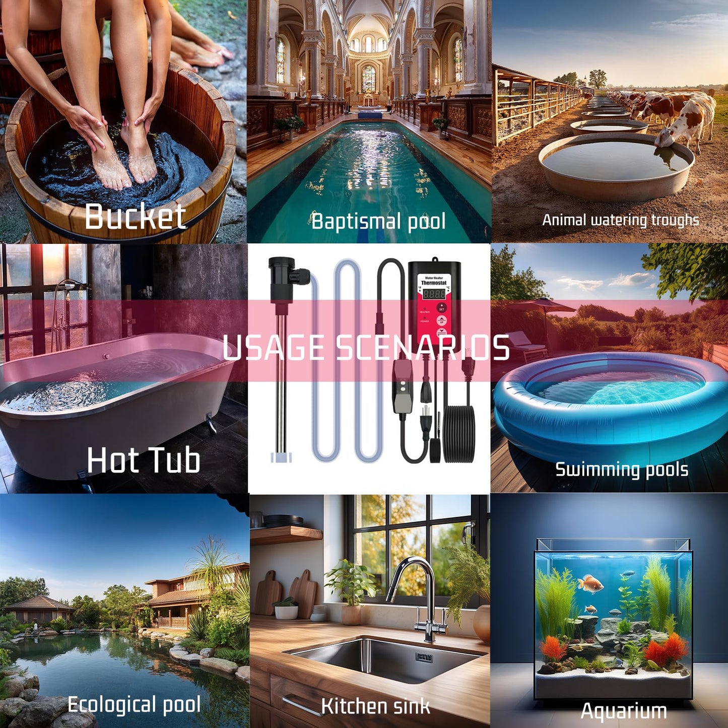 YLboyLIAN 1300W Titanium Immersion Pool & Bathtub Water Heater Portable Electric Submersible Heater with Temp Control & GFCI for Pond, Above Ground Pool, Inflatable Pool, Baptistry, Baptism & Hot Tub