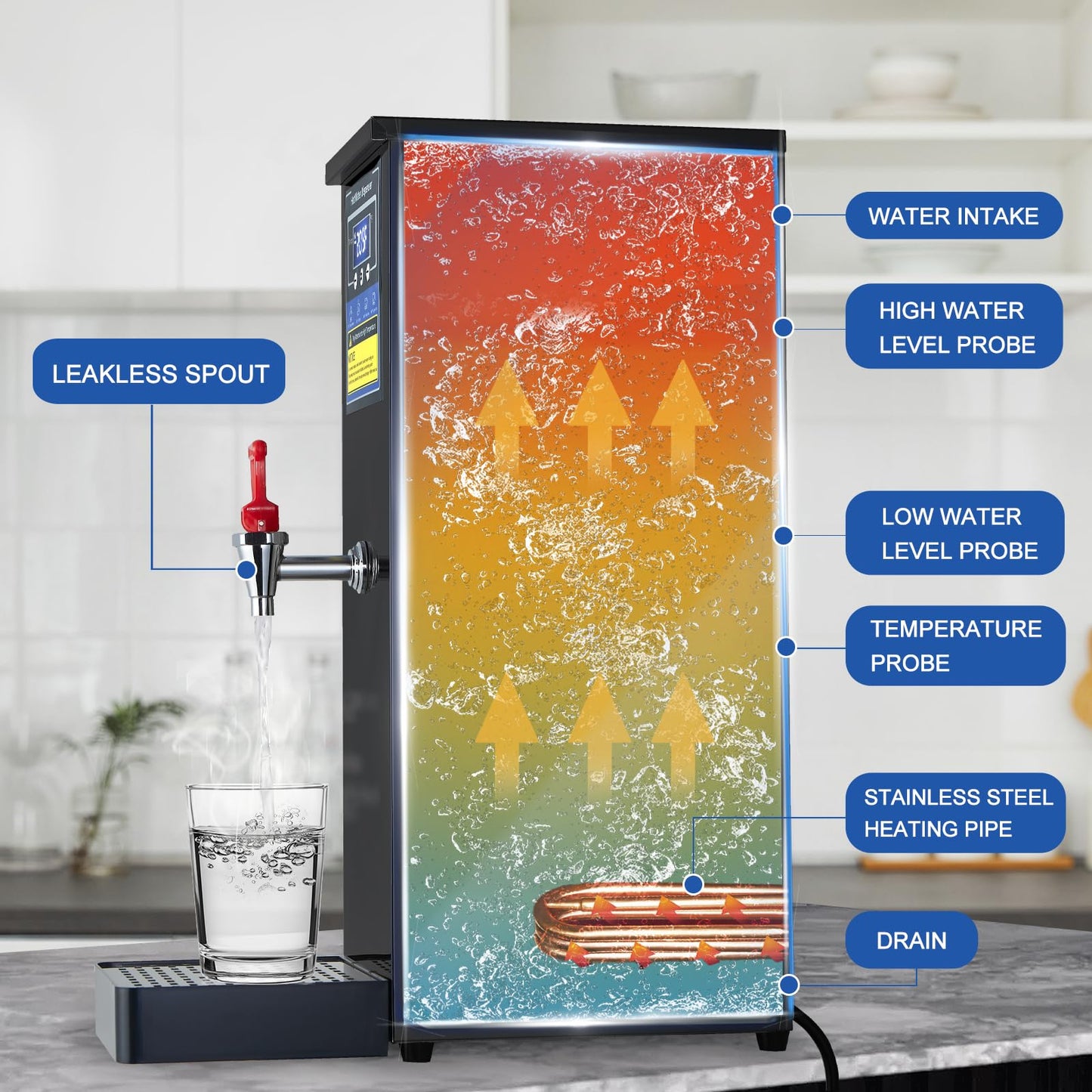 Commercial Hot Water Dispenser Commercial Water Boiler Electric Countertop Hot Water Machine Black 30L(8GAL)/Hour Step-heating Temperature Control 86-212°F for Boba Tea Coffee Office Restaurant 1600W