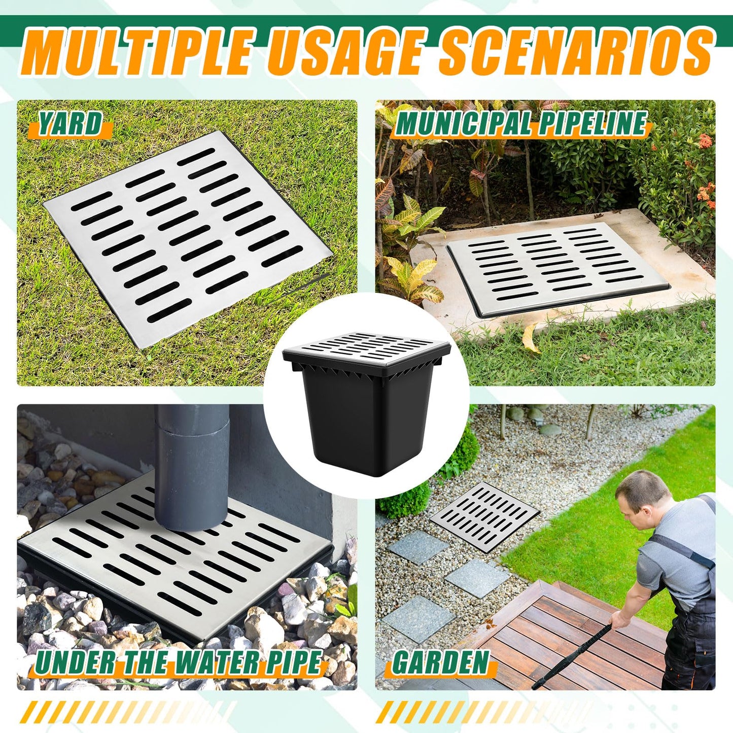 Kritkin18x18x15 Inch Catch Basin with Stainless Steel Grate Square Large Catch Basin for Drainage with Debris Basket French Drain Without Reserved Hole for Yard, Downspout, Municipal Pipeline