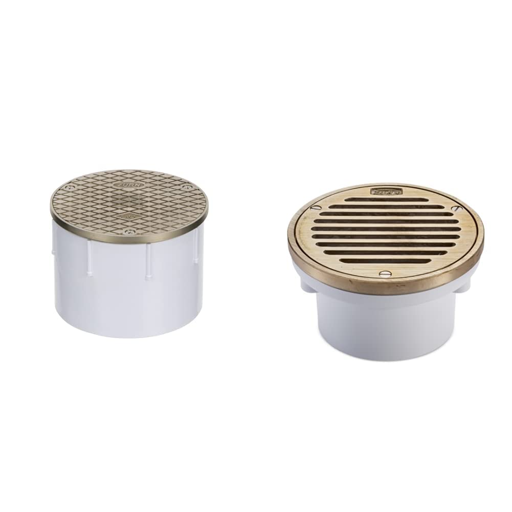 Zurn CO2450 Adjustable Floor Cleanout, Nickel Top, 4" PVC & FD2220-PV3-NT Medium-Duty Floor Drain with Nickel Top, 3" PVC Hub