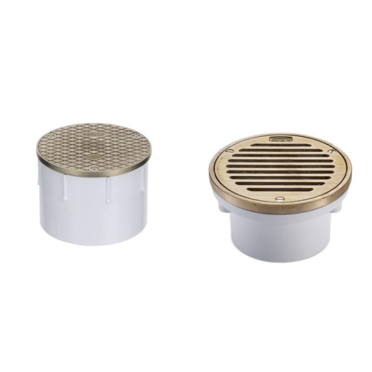 Zurn CO2450 Adjustable Floor Cleanout, Nickel Top, 4" PVC & FD2220-PV3-NT Medium-Duty Floor Drain with Nickel Top, 3" PVC Hub