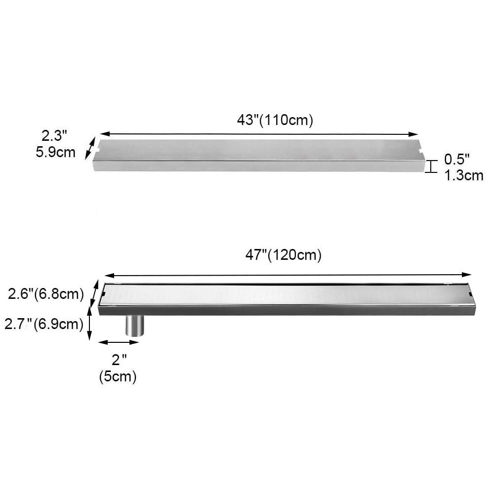 TSHH 47.2" Linear Shower Drain,Rectangle Shower Floor Drain with Plate Cover or Tile Insert Offset Side Outlet Stainless Steel Brushed Finish