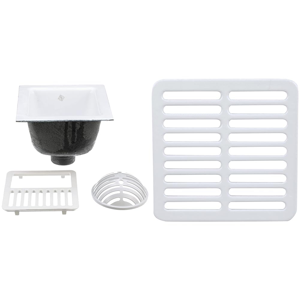 Zurn FD2375-NH3-H FD2375 12"x12" Floor Sink Body & Dome Strainer, 6" Sump Depth, 3" No-Hub, with Half Grate & JP2375-F - Cast Iron Enameled Full Grate for The FD2375 Floor Sink