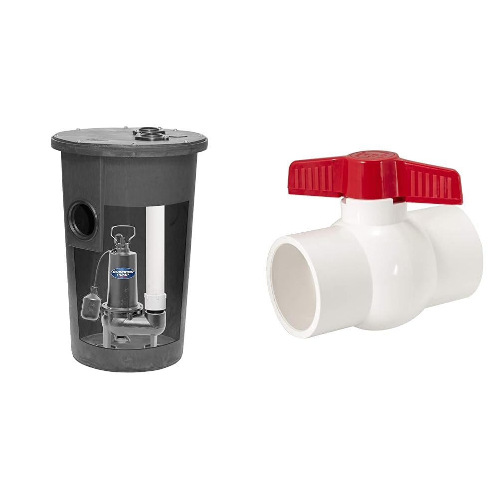 Superior Pump 93015-U Cast Iron Tethered Float Switch Sewage Pump with Basin Kit, 1/2 HP, Black & Eastman 2 Inch Slip Schedule 40 PVC Quarter Turn Ball Valve, Brass Plumbing Fitting, 20121