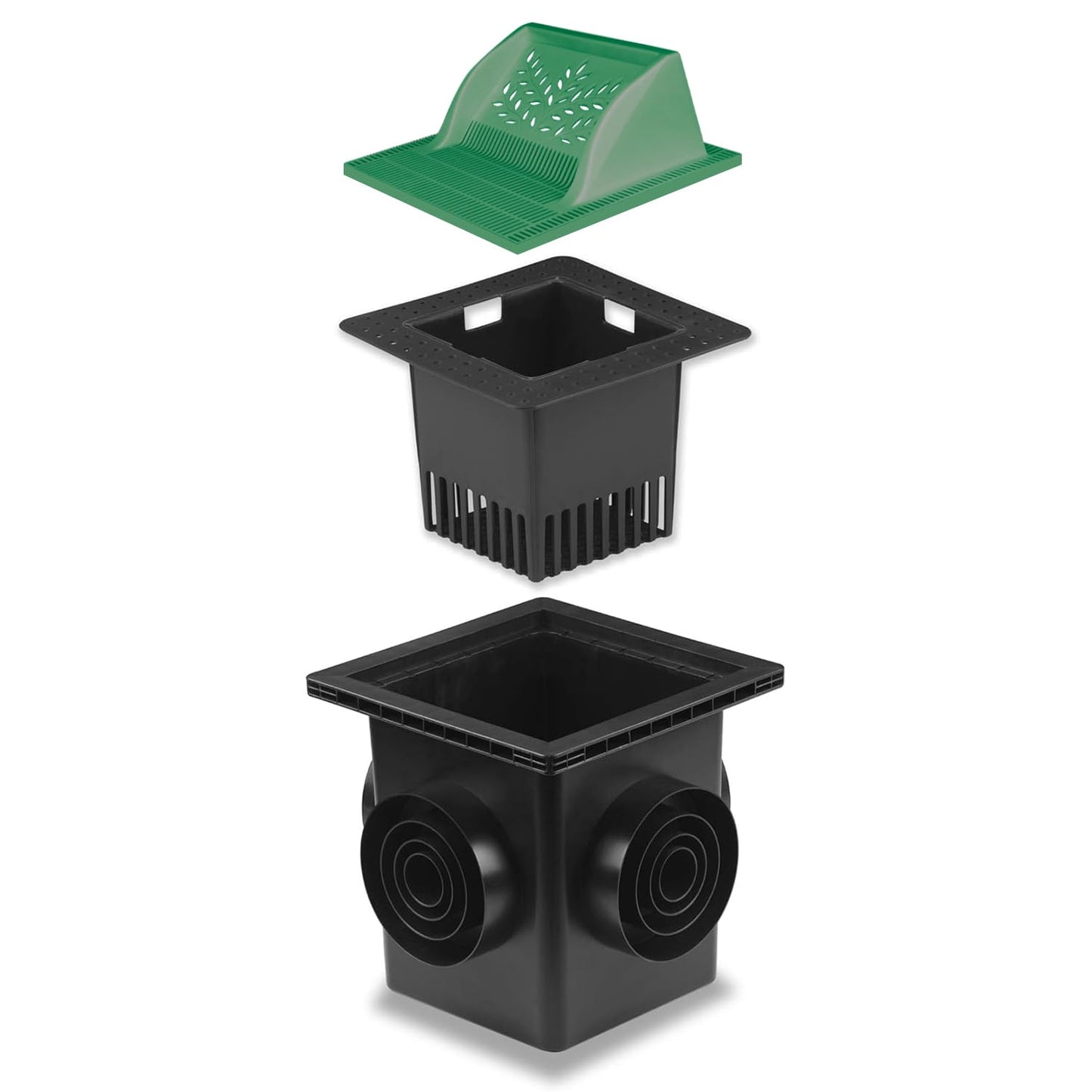 4 Outlet Catch Basin Kit 12X12 inch with Debris Basket and Downspout Grate,Fit for 4 Size(2, 3, 4 and 6)inch Pipe,Catch Basin for Drainage,Square rain water catching system,For Lawns, Landscaped Areas