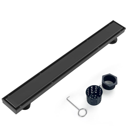 Elefloom Offset Linear Shower Drain, Brushed 304 Stainless Steel Side Outlet Black Floor Drain with Hair Catcher and Adjustable Feet (48 inch)