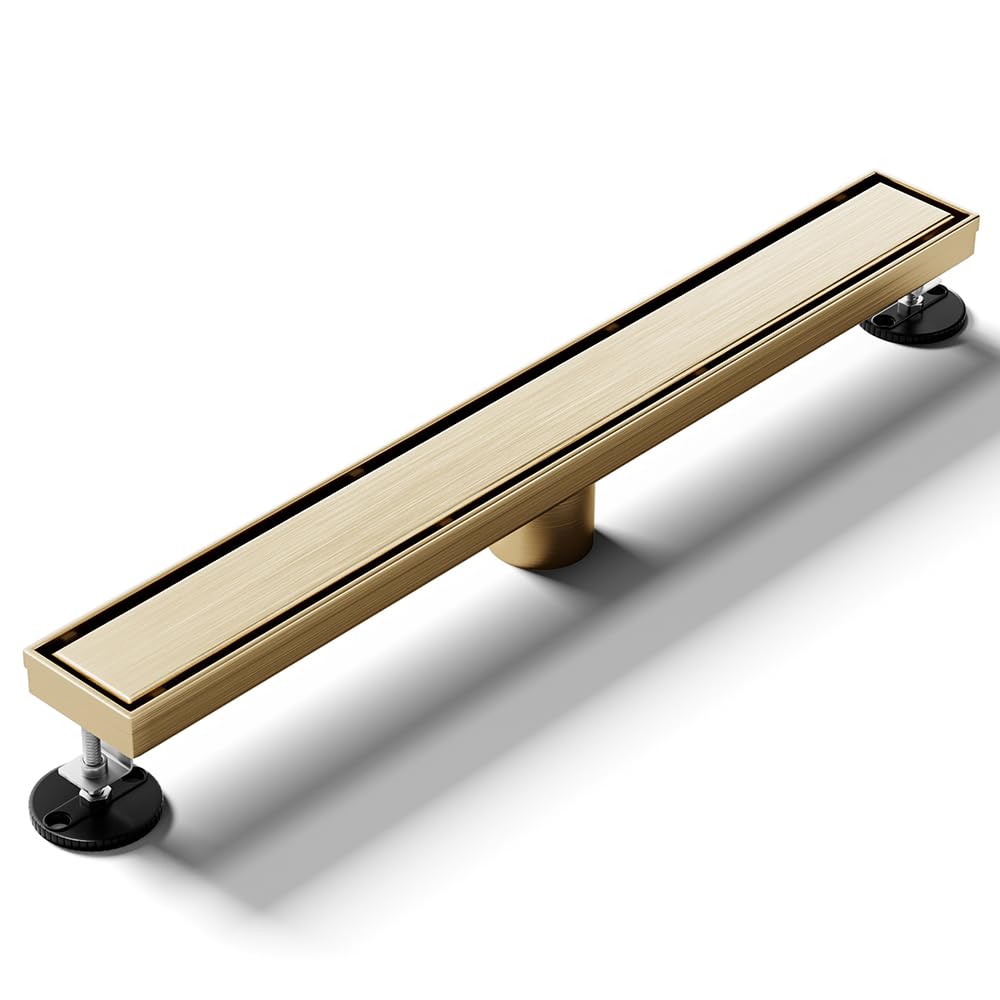 LISEEGO Linear Shower Drain 48 Inch Gold, Shower Drain with 2-in-1 Tile Insert Panel, Brushed AISI 304 Stainless Steel Linear Drain for Fast Drainage, Floor Drain for Bathroom, Kitchen, Garage & More