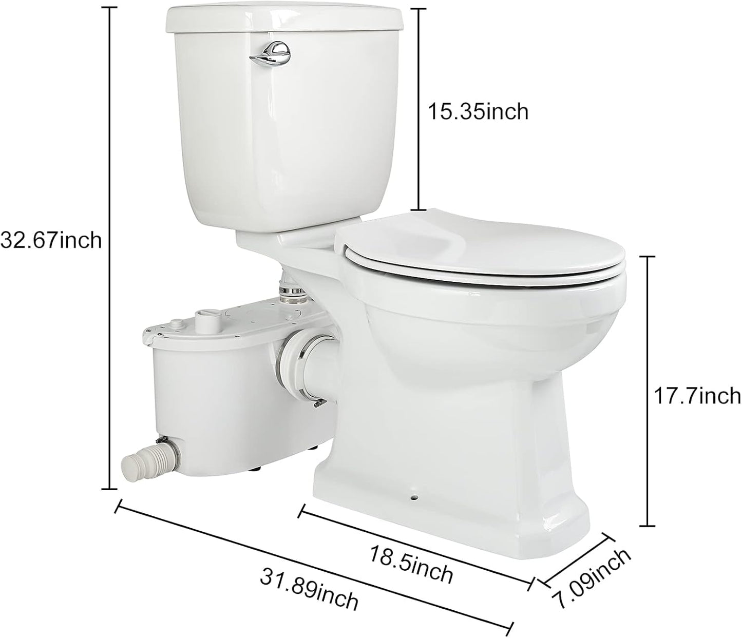Macerating Toilet with 500W Pump, Two Piece Toilet with Extension Pipe,Elongated Bowl, Toilet Tank with Front Flush Valves, 3 Water Inlets Connect Full Bathroom, Sink, Toilet, Water Disposal