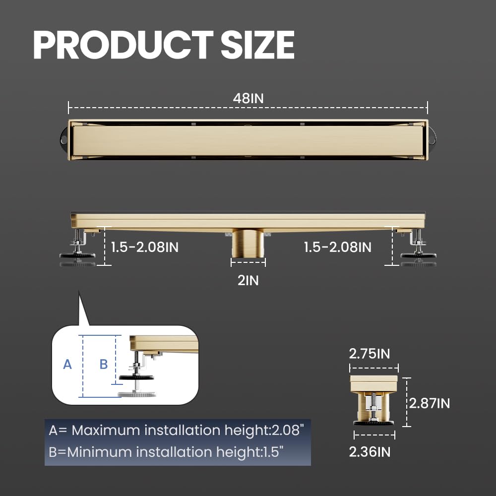 LISEEGO Linear Shower Drain 48 Inch Gold, Shower Drain with 2-in-1 Tile Insert Panel, Brushed AISI 304 Stainless Steel Linear Drain for Fast Drainage, Floor Drain for Bathroom, Kitchen, Garage & More