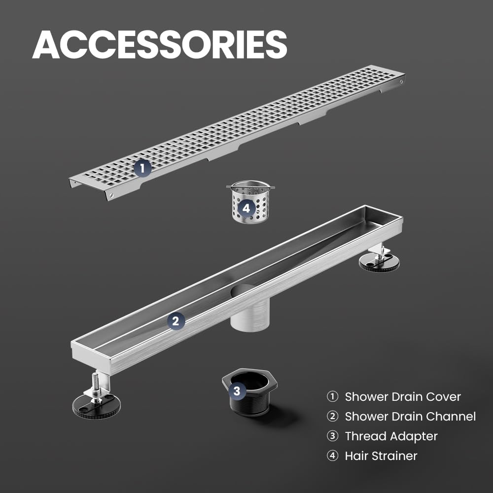 LISEEGO Linear Shower Drain 54 Inch, Brushed AISI 304 Stainless Steel Shower Drain with Square Hole Panel, for Bathroom, Kitchen, Garage & More