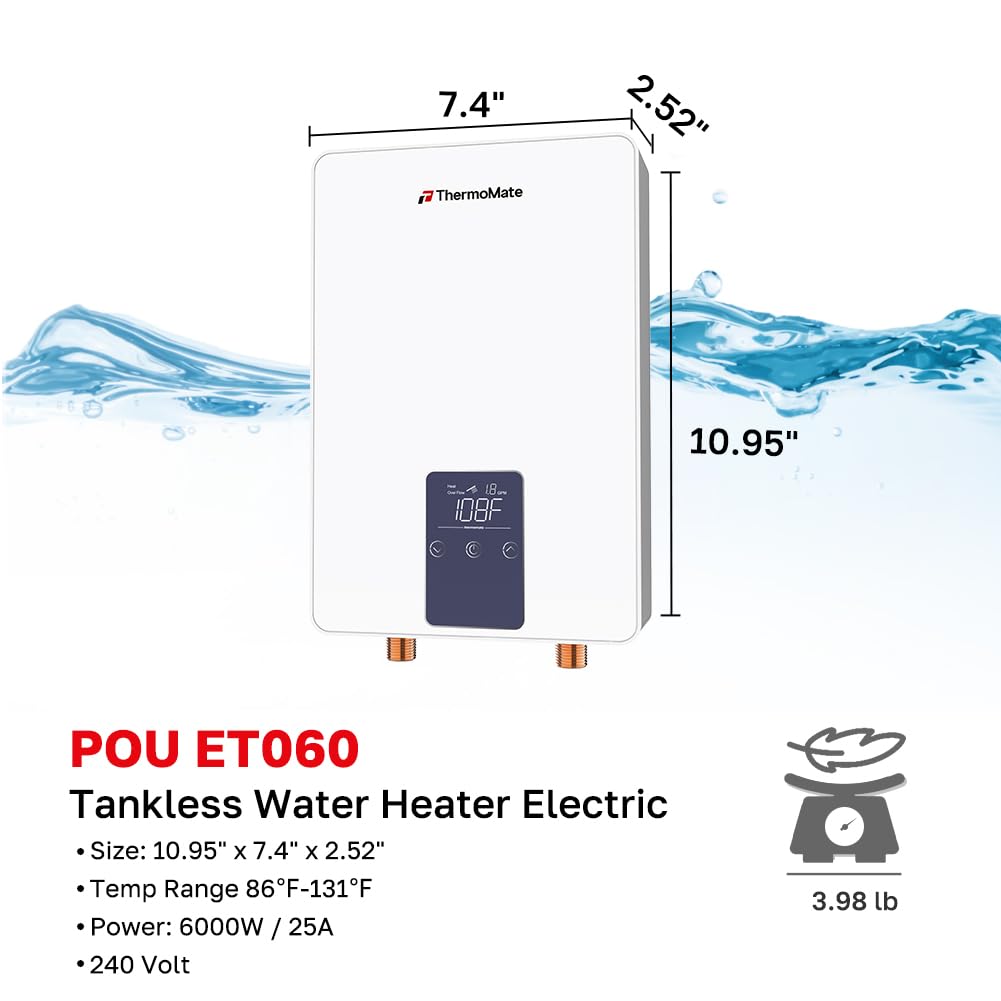 Tankless Water Heater Electric for Sink Faucet, ThermoMate 6000W 240V Point of Use Mini Instant Hot Water Heater CSA Certified with Self-modulating, 1.07GPM at 35°F Rise