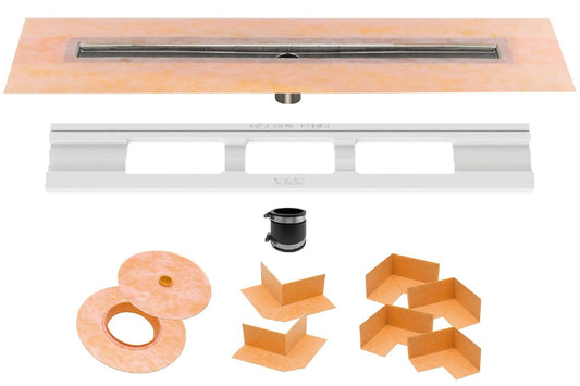 Schluter Kerdi Line Shower Drain with 72" Stainless Steel Channel Body and Waterproof Kerdi Collar - Ideal for Showers and Wet Rooms - Center Outlet Position, 70-13/16" Grate Length - KL1V60E180