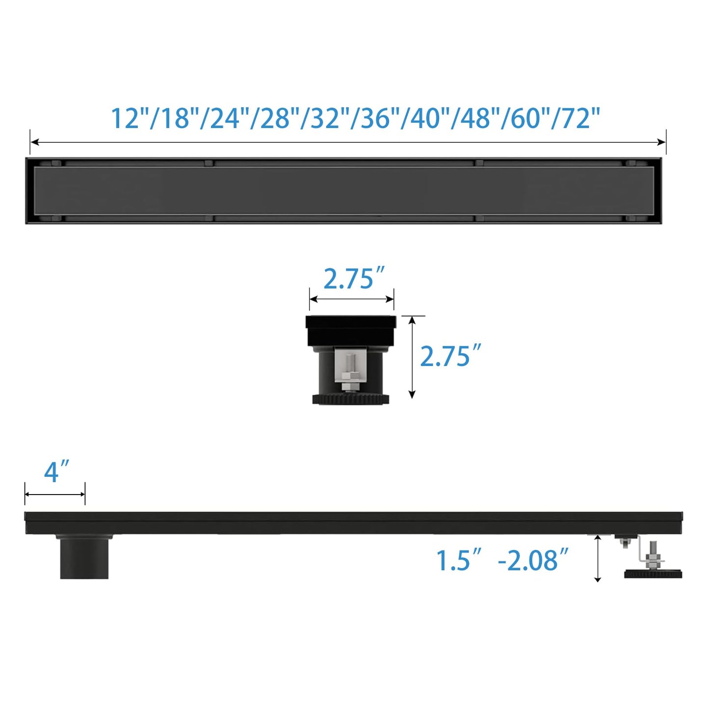 Elefloom Offset Linear Shower Drain, Brushed 304 Stainless Steel Side Outlet Black Floor Drain with Hair Catcher and Adjustable Feet (48 inch)