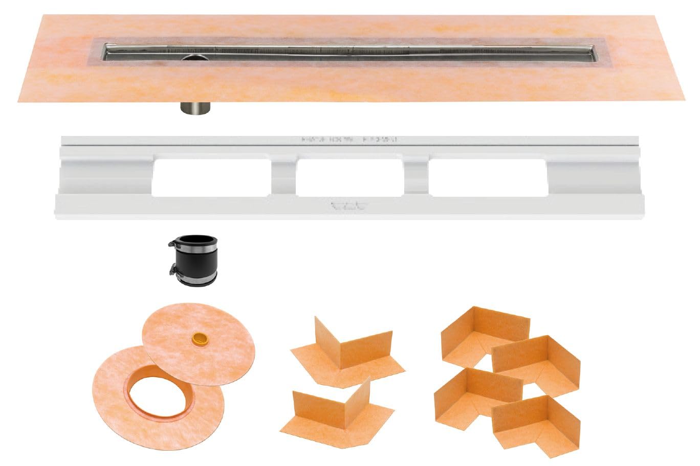 Schluter Kerdi Line Shower Drain with 40" Stainless Steel Channel Body Offset and Waterproof Kerdi Collar - Ideal for Showers & Wet Rooms - Off-Set Outlet Position - KL1VO60E100