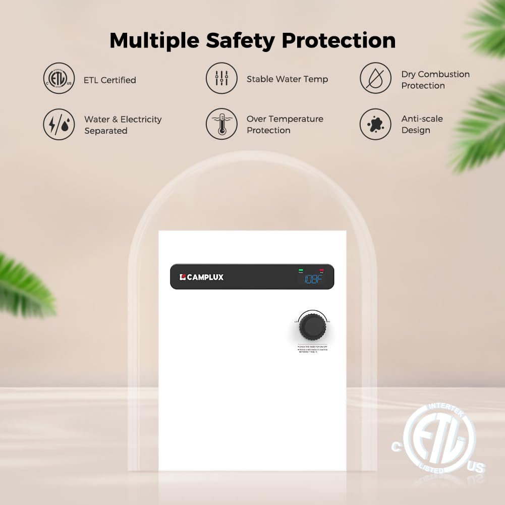 CAMPLUX Tankless Electric Water Heater 18kW, On Demand Hot Water Heater Electric with Digital Display 240V for Whole House Shower, White