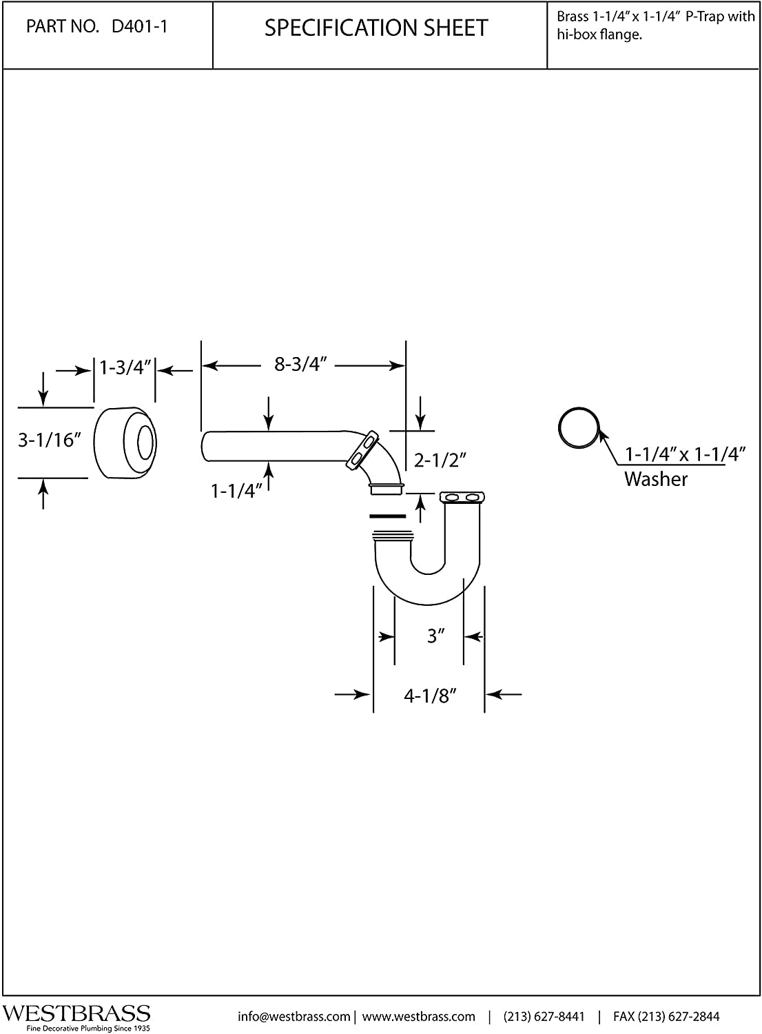 Westbrass D401-1-25-12 1-1/4" 17 ga. Brass P-Trap with High Box Flange, Oil Rubbed Bronze (25-Pack)