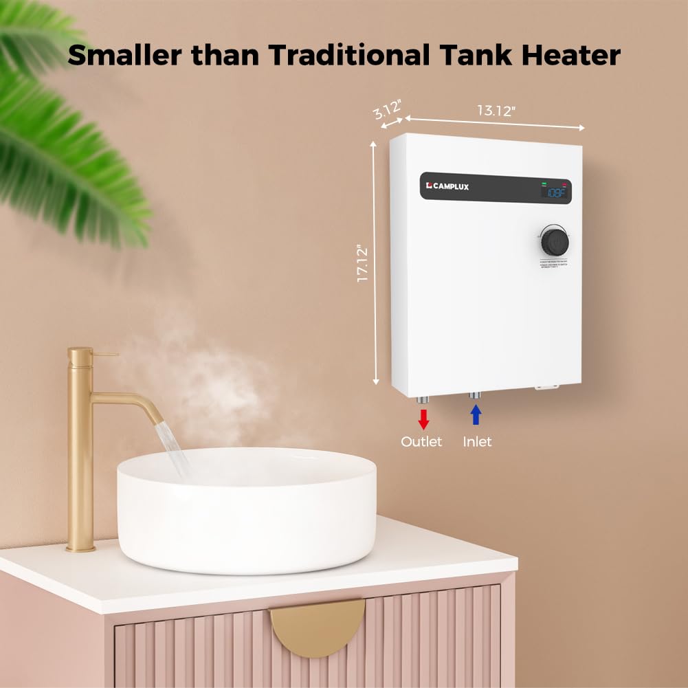 CAMPLUX Tankless Electric Water Heater 18kW, On Demand Hot Water Heater Electric with Digital Display 240V for Whole House Shower, White