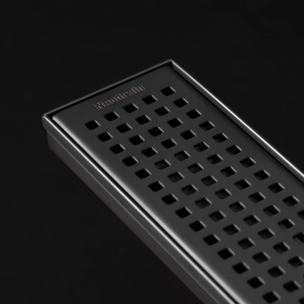 Neodrain 48-Inch Black Linear Shower Drain with Removable Quadrato Pattern Grate, heavy duty 304 Stainless Steel Rectangle Shower Floor Drain, linear drain with Leveling Feet,Hair Strainer,Matte Black