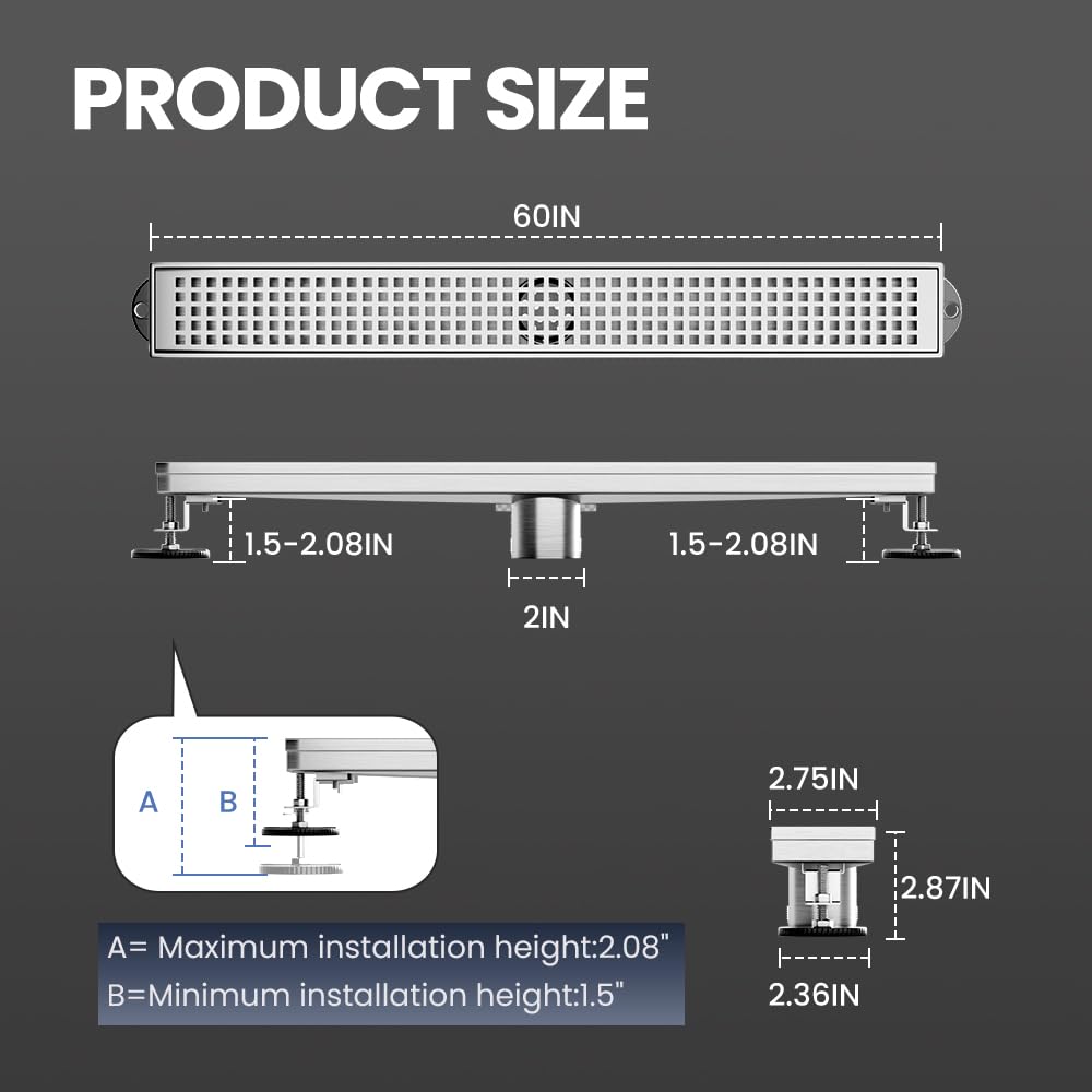 LISEEGO Linear Shower Drain 60 Inch, Brushed AISI 304 Stainless Steel Shower Drain with Square Hole Panel, for Bathroom, Kitchen, Garage & More