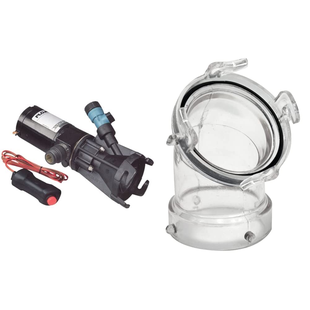 Flojet 18555-000A Portable RV Waste Pump with Garden Hose Discharge Port - 12 VDC Motor & Valterra 1218.103 T1026-1 45° Clearview Adapter with 3" Bay Lug