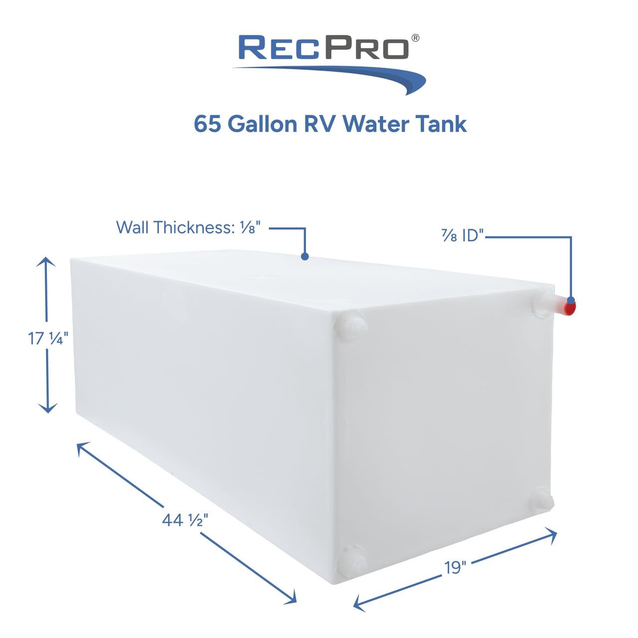 RecPro RV Fresh Water Tank 65 Gallon for Drinking and Potable Water | 44.5” x 19" x 17.25” | BPA Free | Fresh or Gray Water Plastic Storage | Made in America
