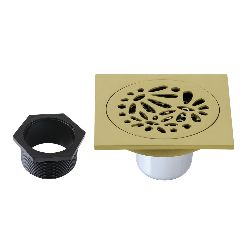 Floral 4" Brass Square Grid Shower Drain with Hair Strainer, Brushed Brass