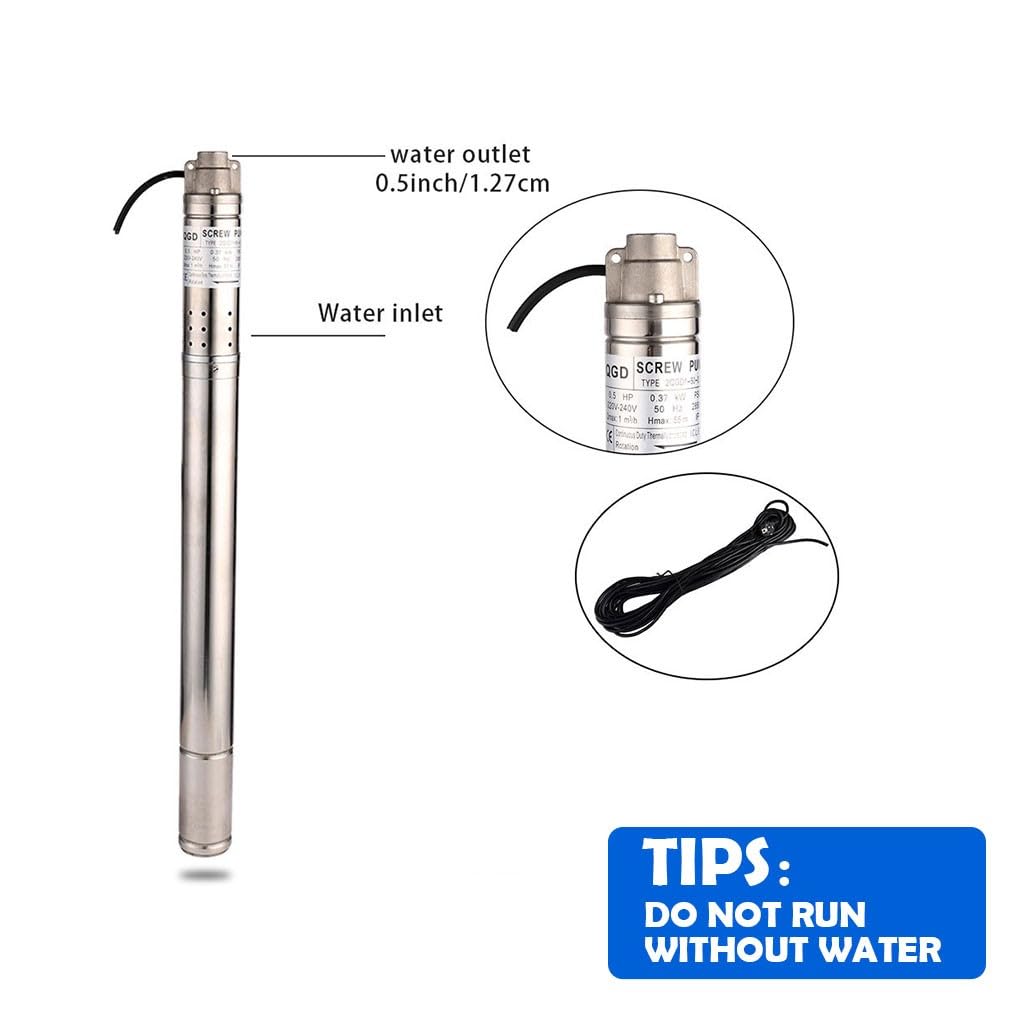 SHYLIYU 1/2HP 110V Deep well Submersible Pump Well φ＞53mm MAX Flow 4.4GPM MAX Height 180FT 2 Inch Stainless Steel Submersible Deep Well Pump SS Water Outlet 0.5In for Industrial Home Garden Screw Pump