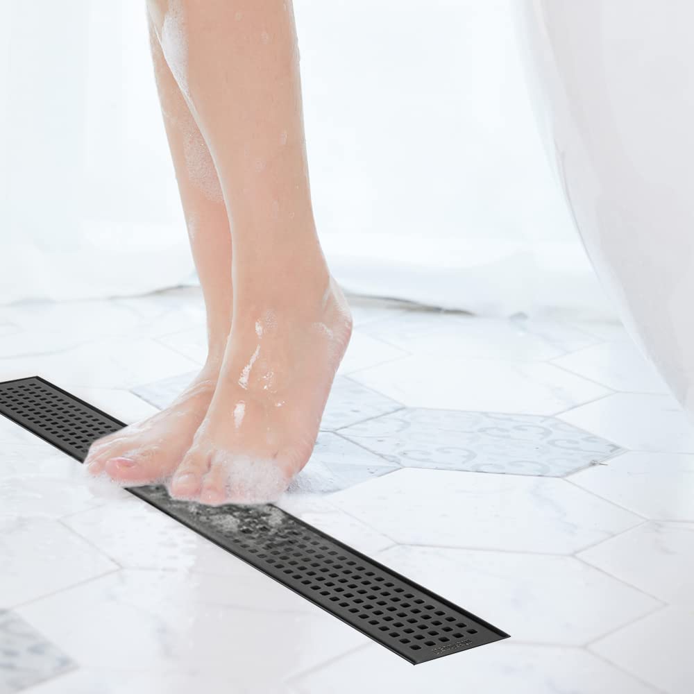 Neodrain 48-Inch Black Linear Shower Drain with Removable Quadrato Pattern Grate, heavy duty 304 Stainless Steel Rectangle Shower Floor Drain, linear drain with Leveling Feet,Hair Strainer,Matte Black