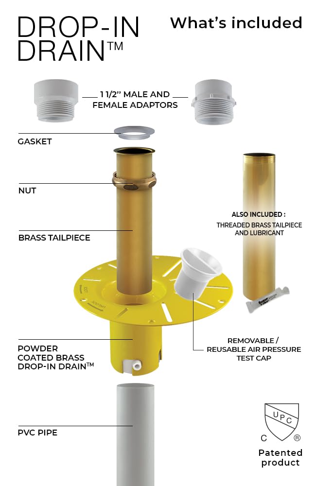 Drop-In Drain Freestanding Bathtub Drain Kit – Rough-in Installation System, White PVC & Brass Plumbing Pipes, Fits 1-1/2" Threaded Male & Female Drains, Leak-Proof DIY Install