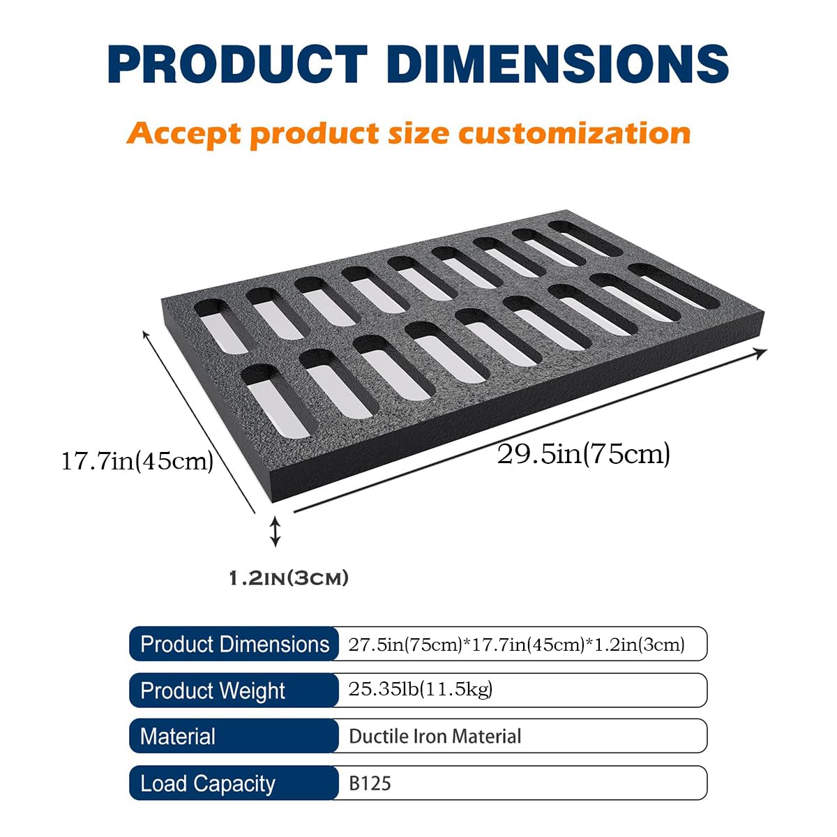 Cast Iron Drain Grate, 29.5in*17.7in Outdoor Drain Cover, B125 Class Ductile Iron Channel Drainage Grates, Heavy Duty Sewer Grate,Black Rectangle Drain Grate for Yard,Driveway,Concrete Floor.