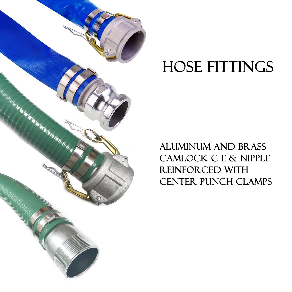 Eastrans Discharge Hose Pump Kit Includes 2" x 50' Blue PVC Backwash Hose & 2" x 20' Green PVC Suction Hose with Aluminum Camlock Fittings, Steel Round Hole Suction Strainer and Cam and Groove Adapter