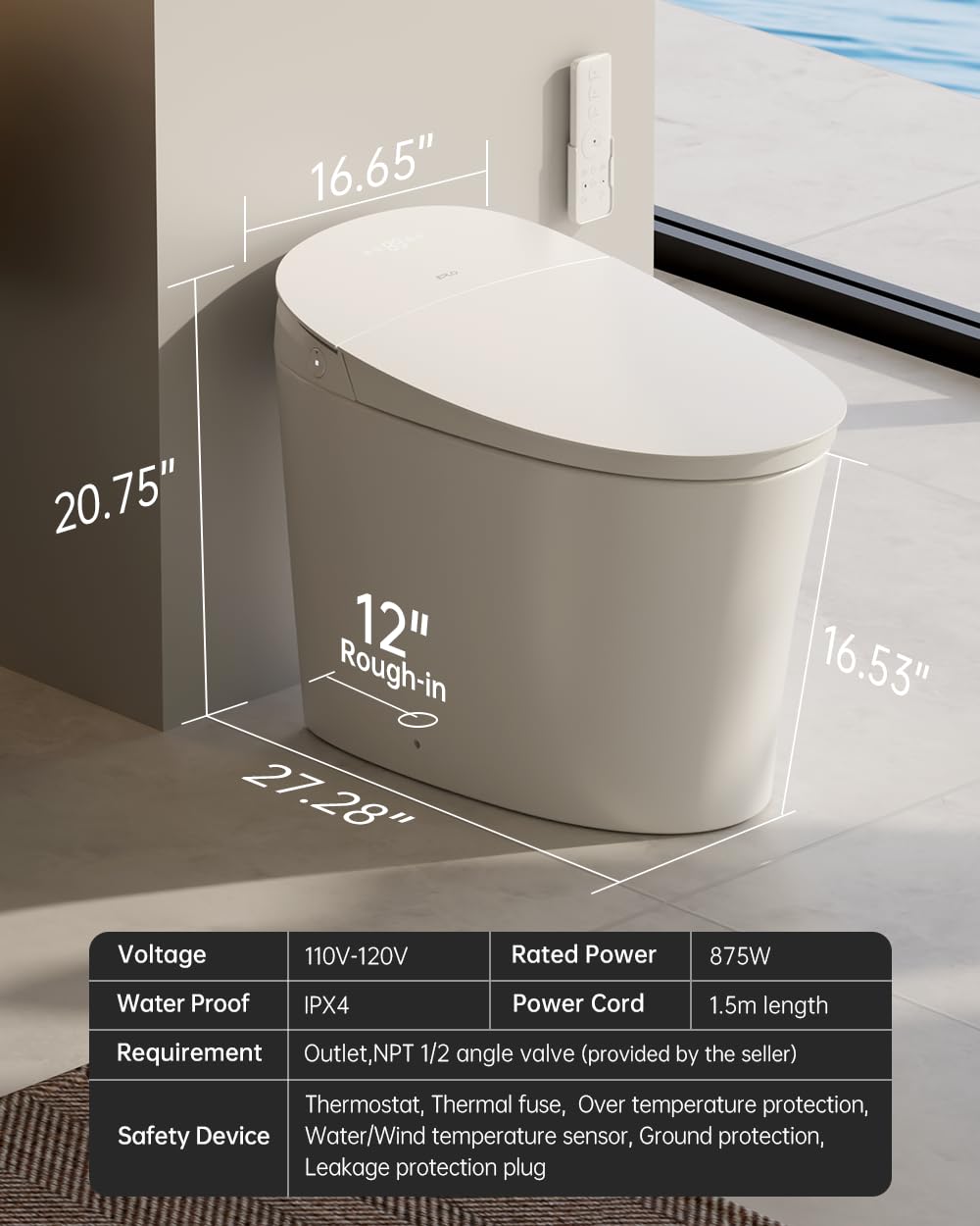 EPLO Smart Toilet Bidet,Auto Open Close,Foam Shiled,1000 Gram MaP Flush Score,Men's Auto Urinal Flush,Moving Dryer,ADA Comfort Chair Height,Heated Seat,Elongated Toilet with Tank Built in E18MAX