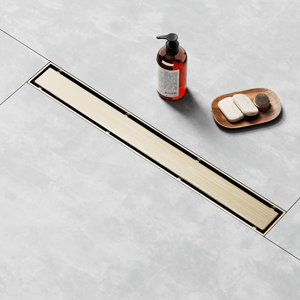 LISEEGO Linear Shower Drain 48 Inch Gold, Shower Drain with 2-in-1 Tile Insert Panel, Brushed AISI 304 Stainless Steel Linear Drain for Fast Drainage, Floor Drain for Bathroom, Kitchen, Garage & More