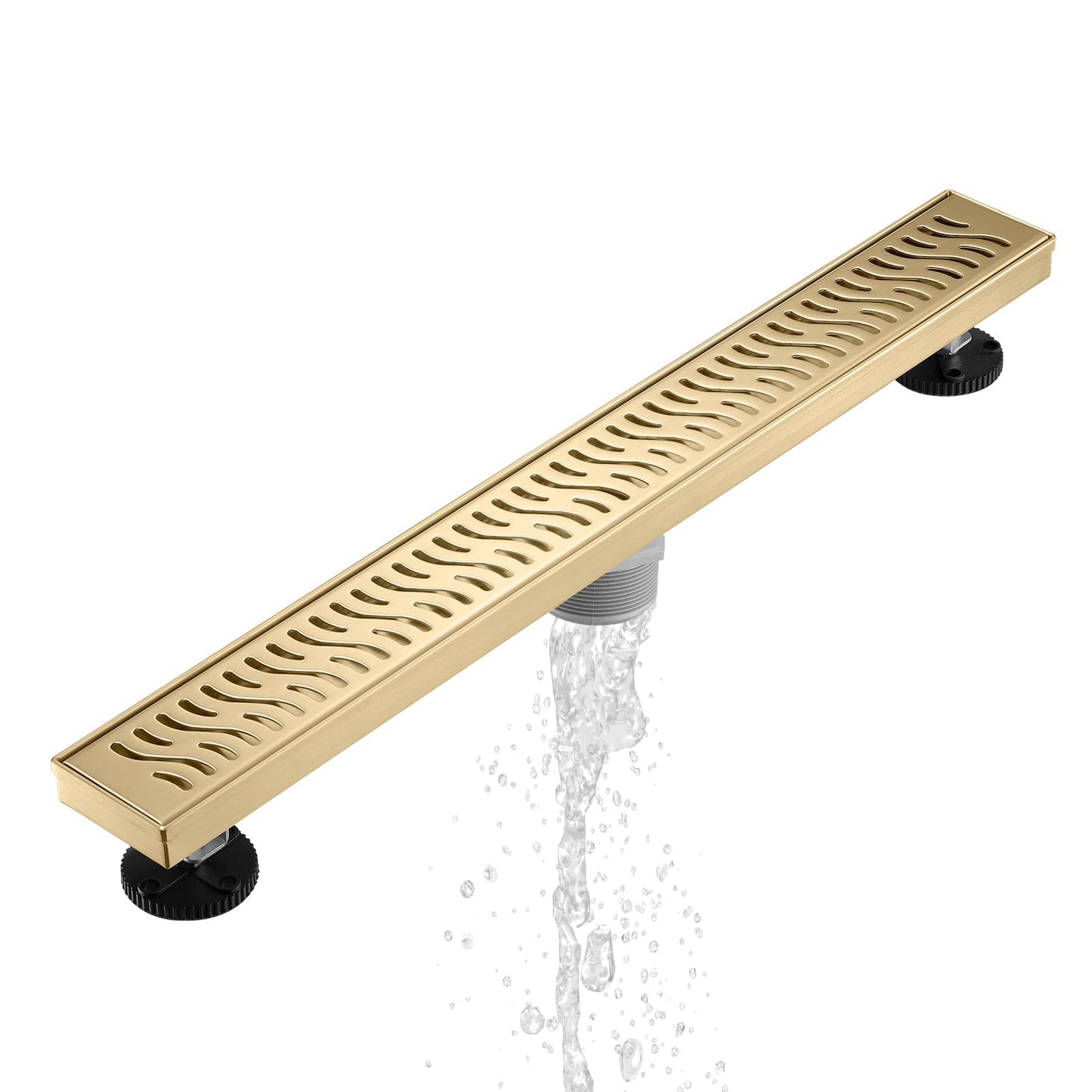 Sharp-tec Linear Shower Drain, 48 inch Shower Drain with Removable Pattern Cover, Brushed Gold 304 Stainless Steel Rectangle Floor Drain, Adjustable Feet and Hair Strainer Included