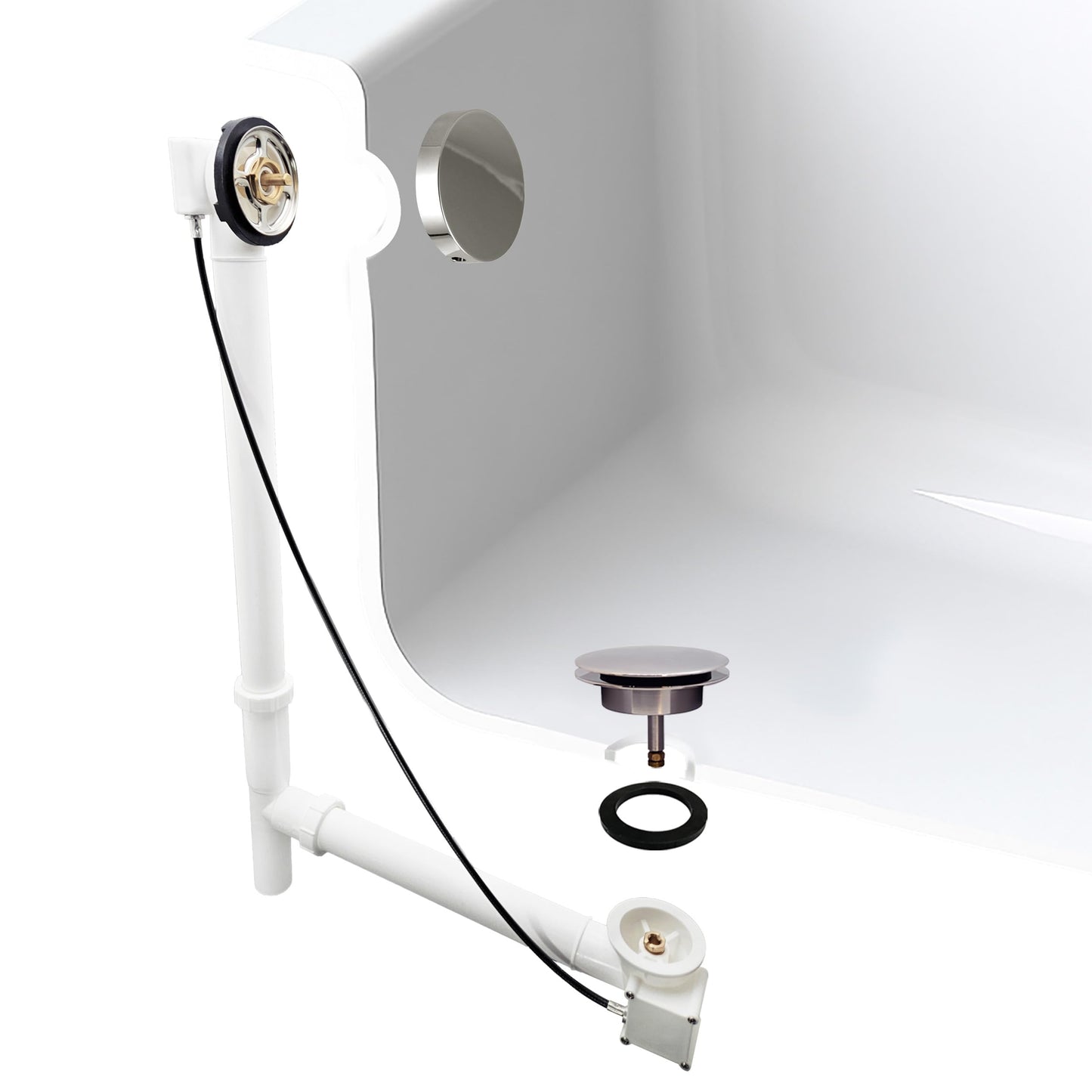 Westbrass A50P27TLERE-05 27" Cable Drive Bath Drain Trim Kit with Rotary Overflow Cover Knob, Pop-Up Stopper and Poly Tubular Pipes & Fittings, Polished Nickel