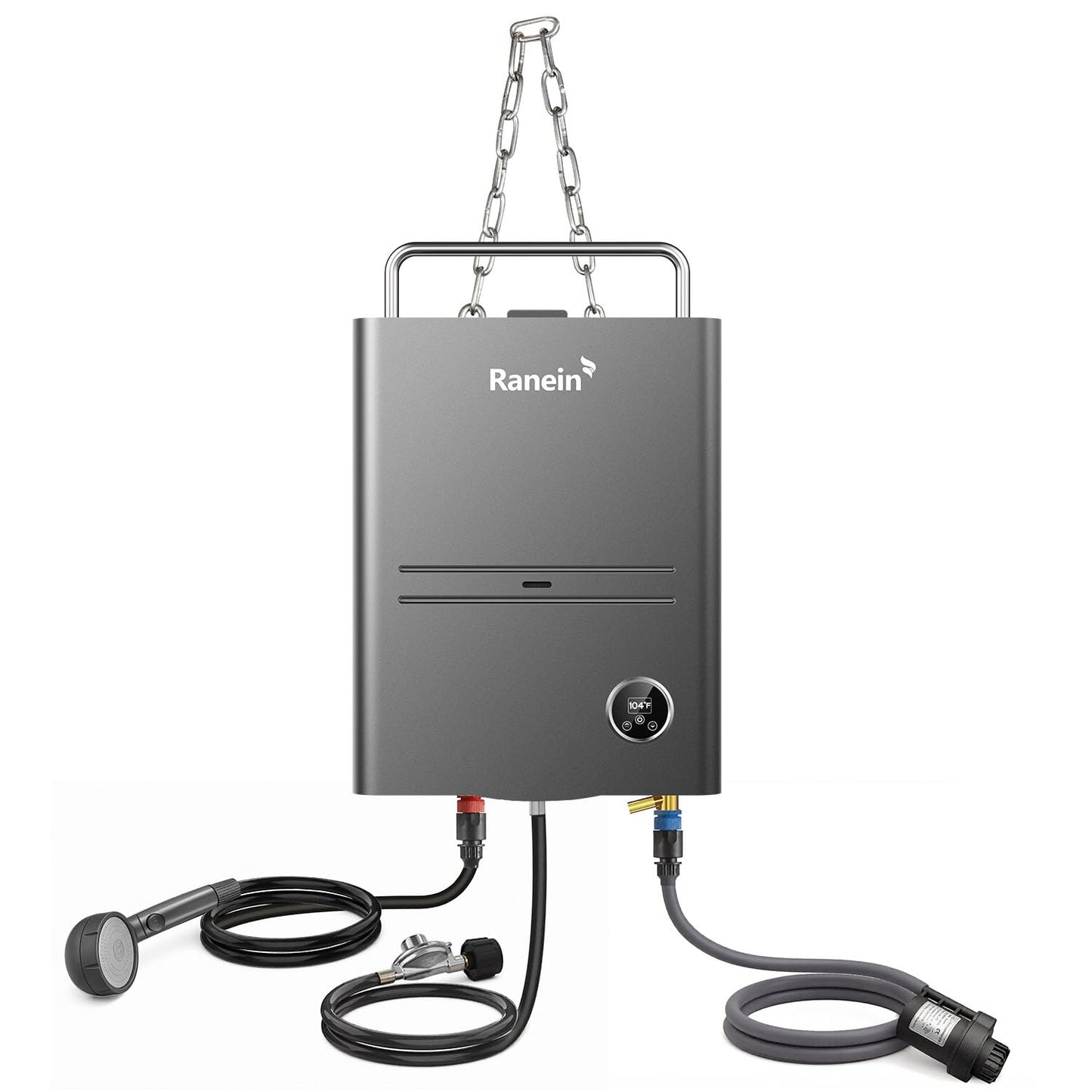 Ranein Portable Propane Tankless Water Heater 34,000 BTU 1.32 GPM with Thermostatic Control and Chain for Camping RV Outdoor Shower