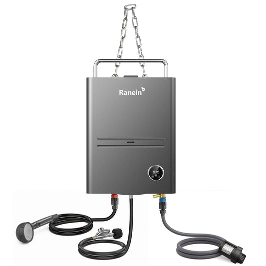 Ranein Portable Propane Tankless Water Heater 34,000 BTU 1.32 GPM with Thermostatic Control and Chain for Camping RV Outdoor Shower