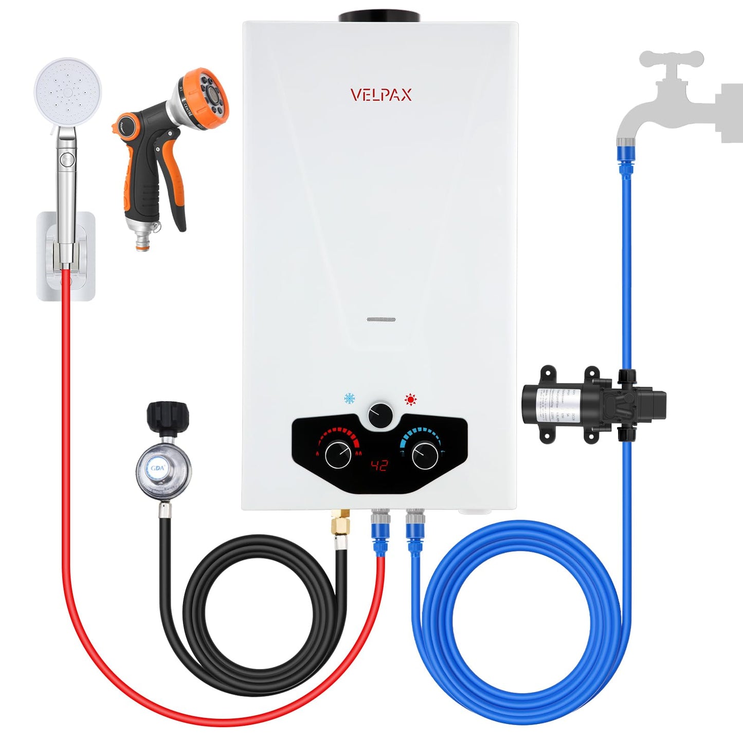 Tankless Water Heater Propane,2.64GPM 10L Outdoor Portable water heater,with 2 GPM Water Pump, Instant Propane water heater with Digital Display Multi-Protection for Camping Trips