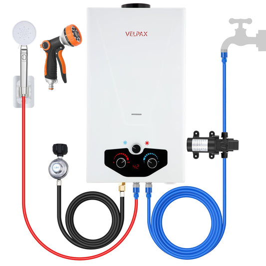 Tankless Water Heater Propane,2.64GPM 10L Outdoor Portable water heater,with 2 GPM Water Pump, Instant Propane water heater with Digital Display Multi-Protection for Camping Trips