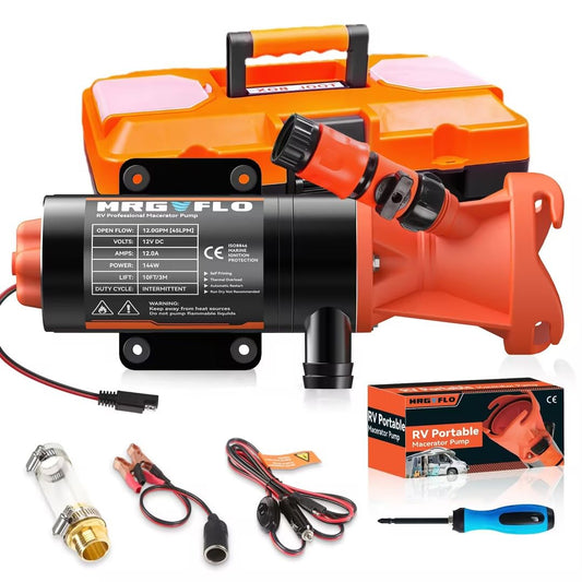 12V RV Portable Macerator Waste Pump for Sewage,12GPM Suction 3.2 feet Lift 10 feet with Garden Hose Discharge Port,Quick Release Sewage Pump with Fresh Water Rinse and Automatic Crushing Function