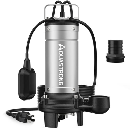 Aquastrong 1HP Sewage Grinder Pump, Stainless Steel, 115V Automatic Float Switch, Cast Iron Impeller, Submersible Effluent/Sewage Pump for Sump Basin, Basement 2'' NPT Discharge, Gray
