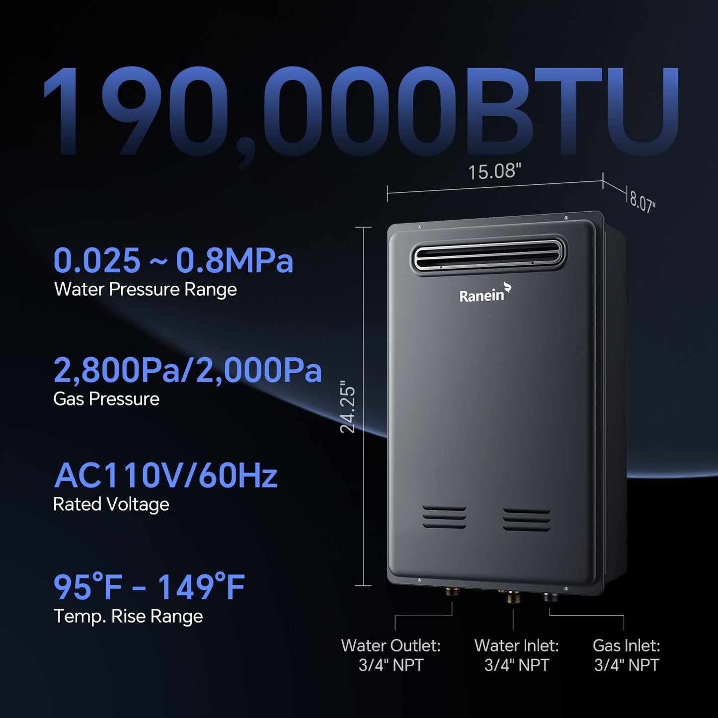 Ranein Natural Gas Tankless Water Heater, Outdoor Max 8.5 GPM, 190,000 BTU Instant Hot Water Heater