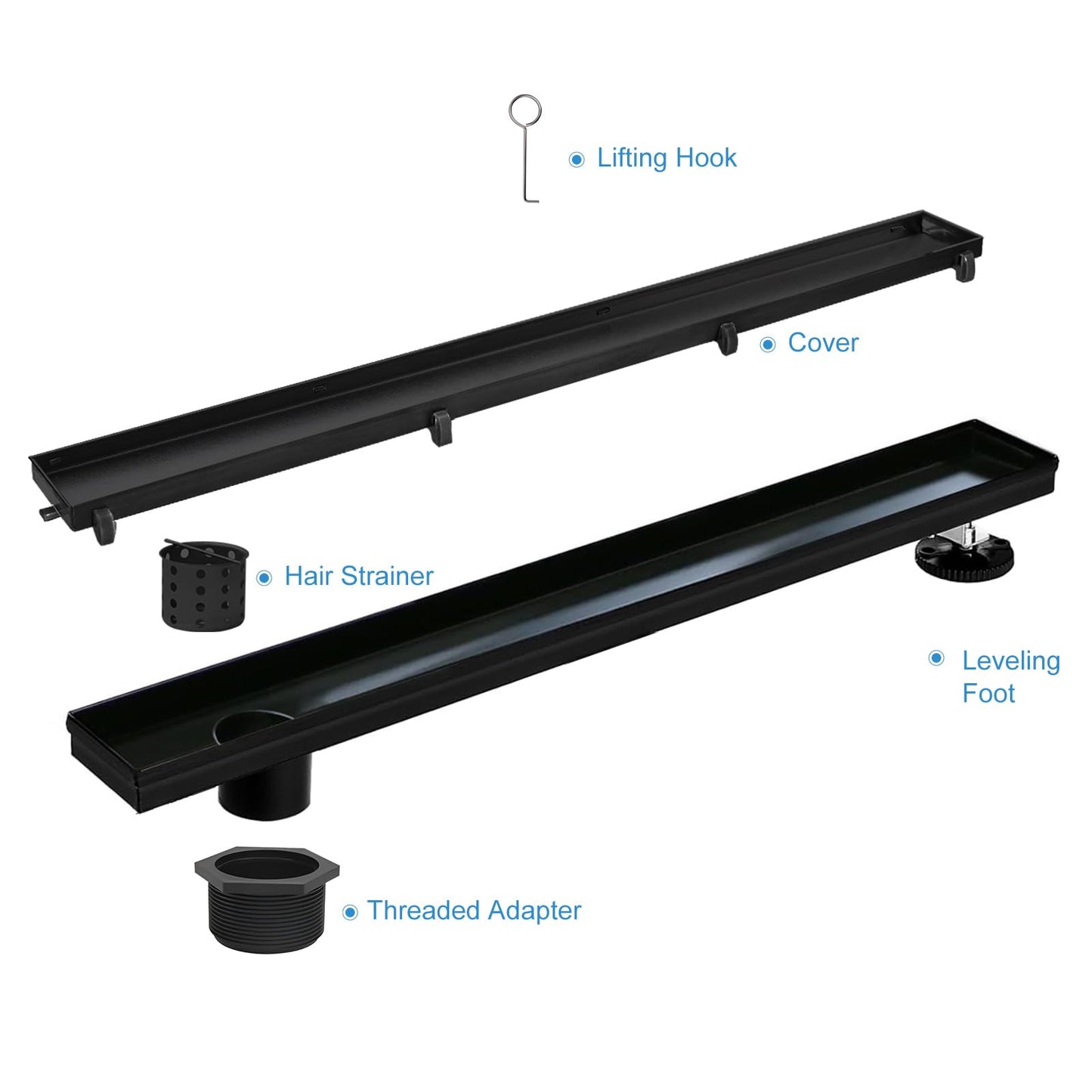 Elefloom Offset Linear Shower Drain, Brushed 304 Stainless Steel Side Outlet Black Floor Drain with Hair Catcher and Adjustable Feet (48 inch)
