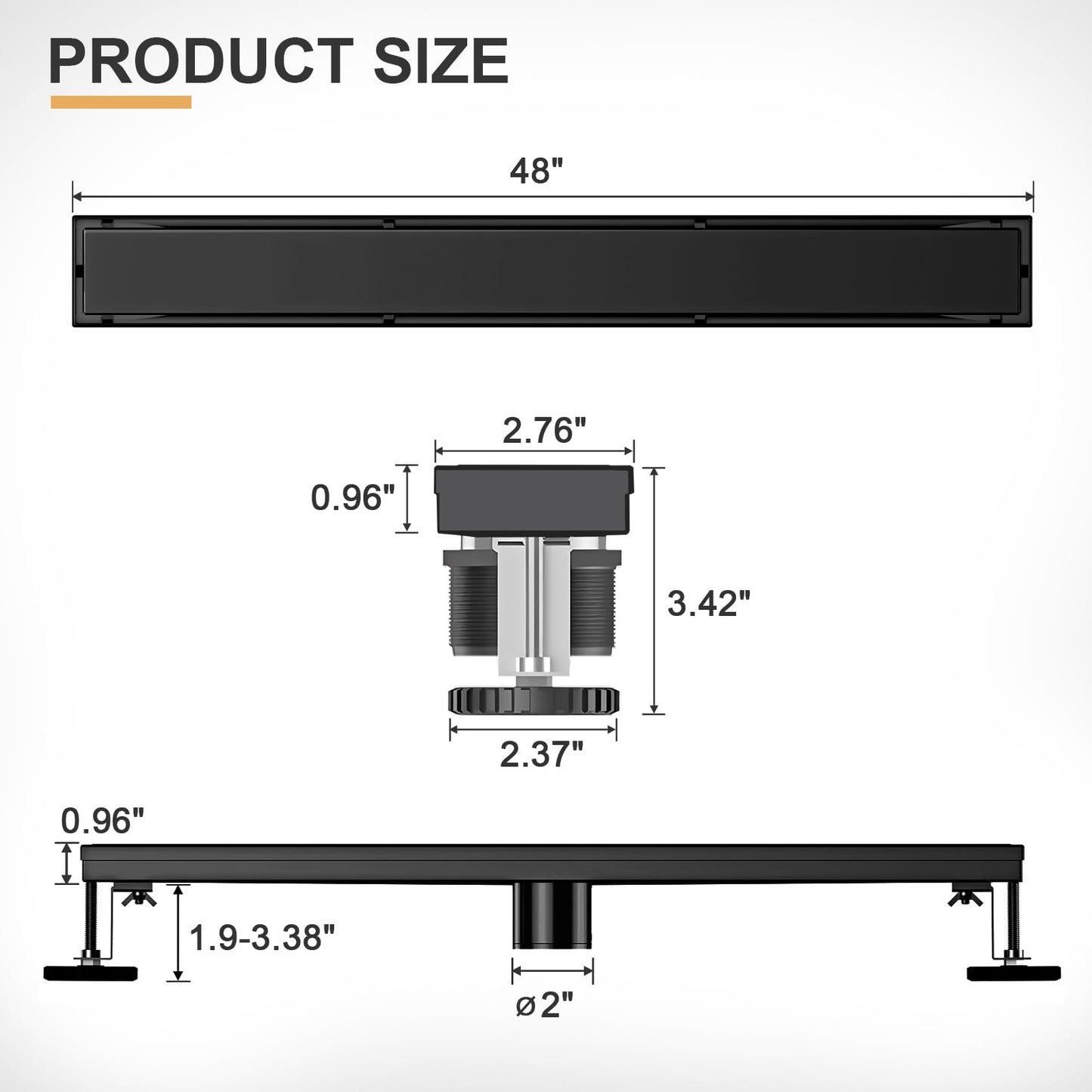 EBYTE Linear Shower Drain, 48 Inch Matte Black 304 Stainless Steel Shower Drain with Tile Insert Panels, Long Rectangle Shower Floor Drain with Adjustable Feet, Hair Catcher, Fits Bathroom, Balcony