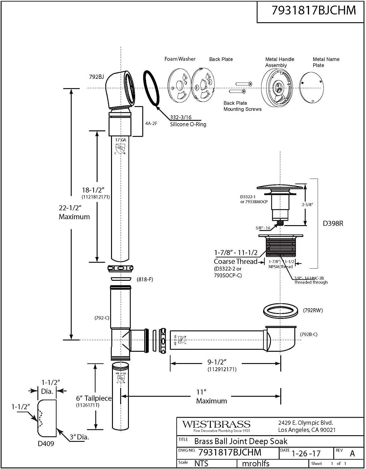 Westbrass 7931817BJCHM-05 25" Ball Joint Bath Waste & Overflow Assembly with Patented Deep Soak Faceplate and Tip-Toe Drain - 17 gauge Brass, Polished Nickel