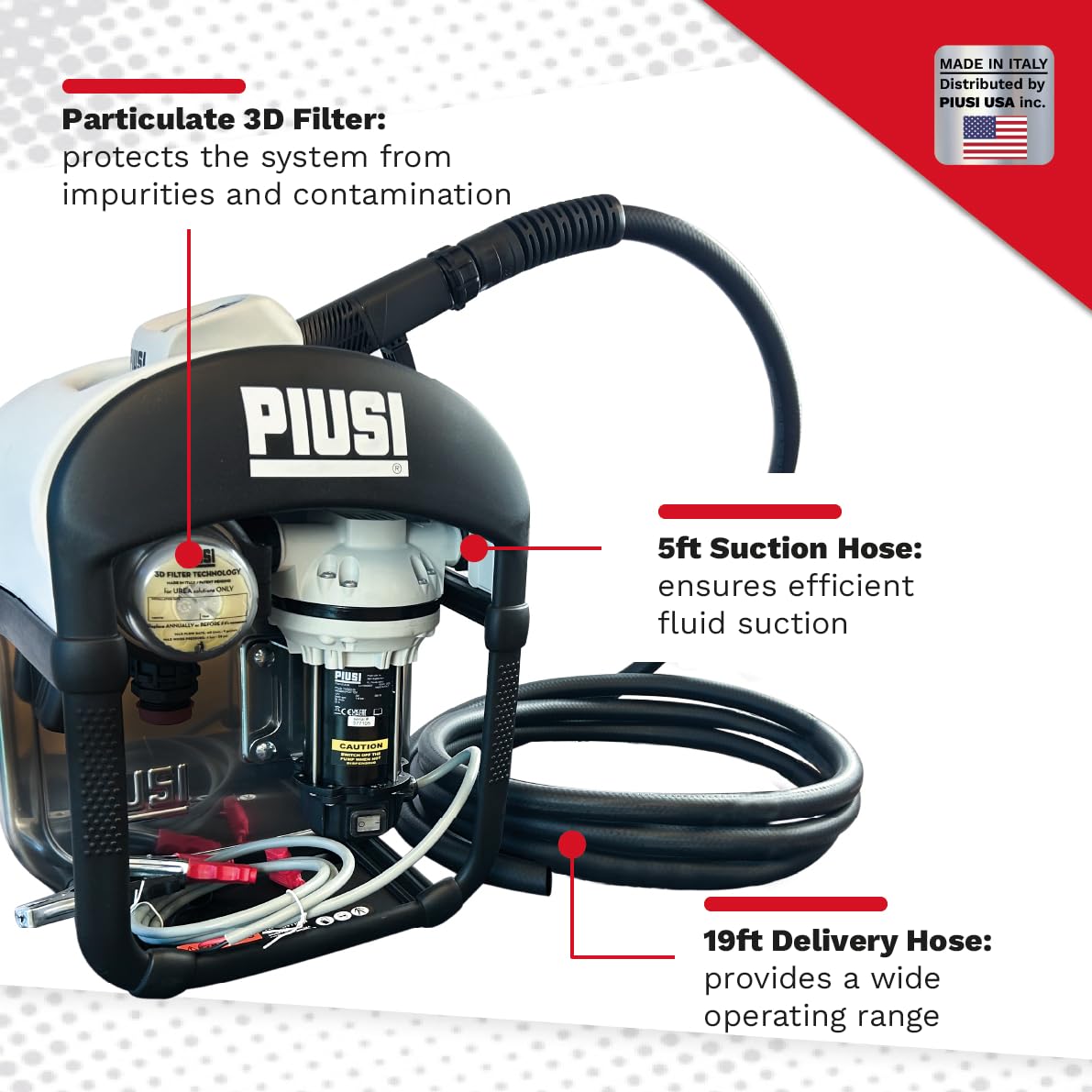 Piusi THREE25 DEF Transfer Pump Kit 9 GPM Equipped with Filter, 19 ft Discharge Hose, Automatic Nozzle with Meter Specifically Designed for IBC Tanks (DC 12V)