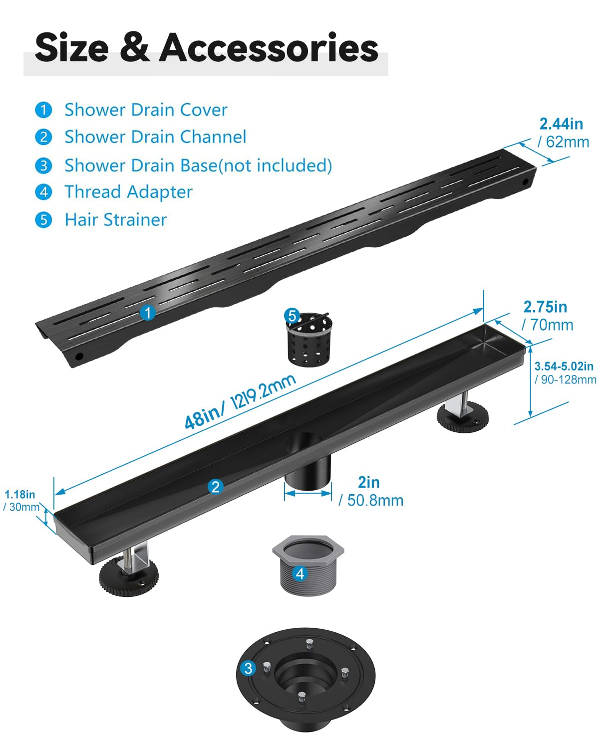 Shower Drain Stainless Steel for Bathroom: Black Linear Shower Drain 48 Inch with Removable Brick Pattern Grate - Adjustable Rectangular Shower Floor Drain with Hair Strainer (Matte Black)