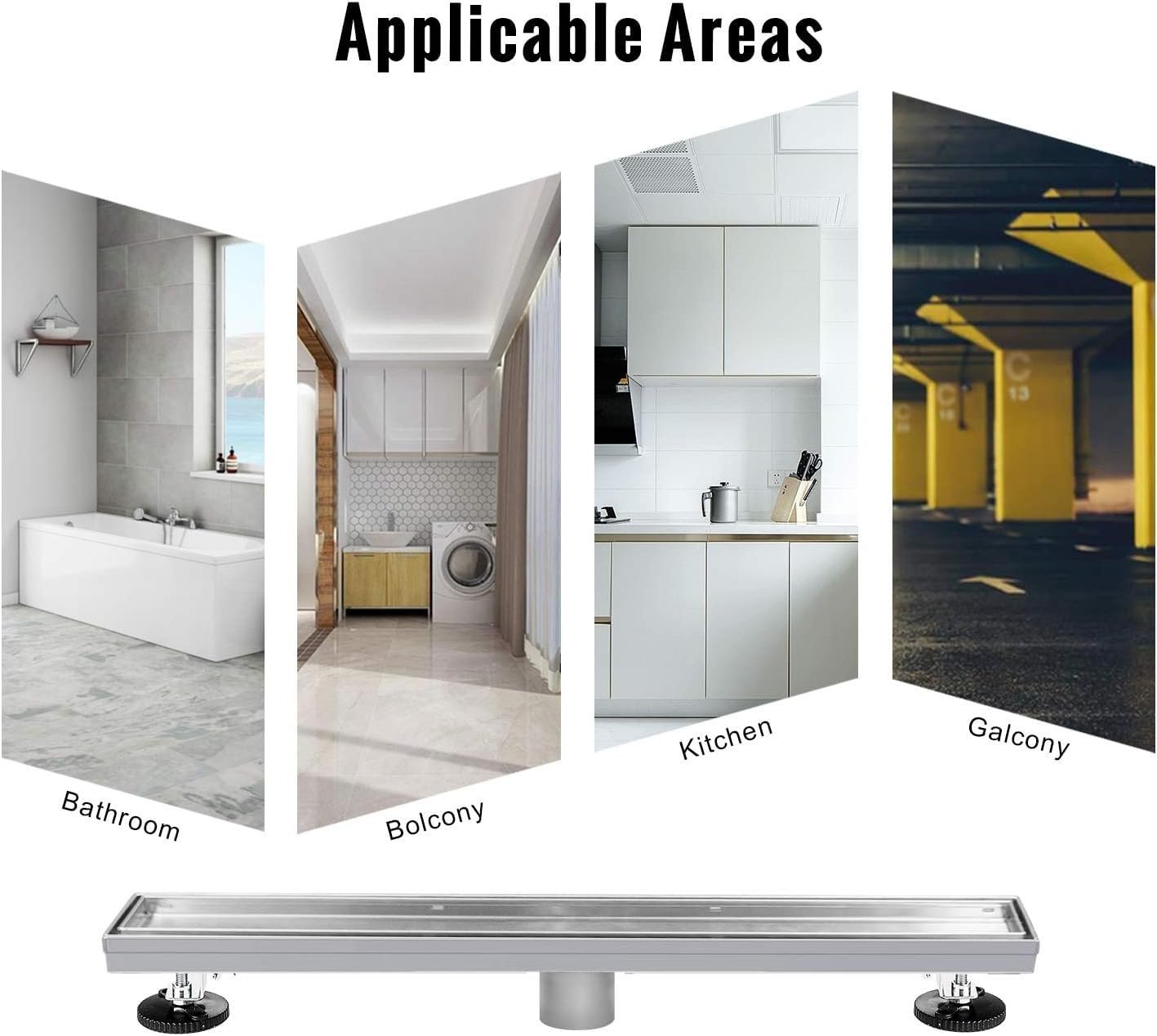 SaniteModar Linear Shower Drain, Shower Drain 60 inch 2 in 1 Tile Insert and Flat Cover, Brushed 304 Stainless Steel Linear Drain with Leveling feet and Hair Strainer
