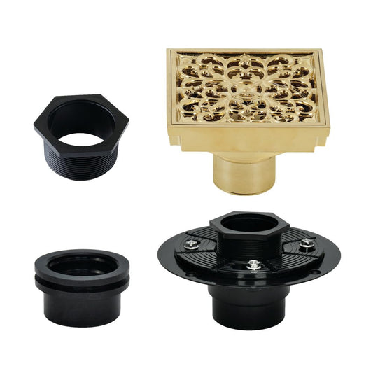 4" Brass Square Grid Shower Drain with Hair Strainer and Base Flange, Brushed Brass