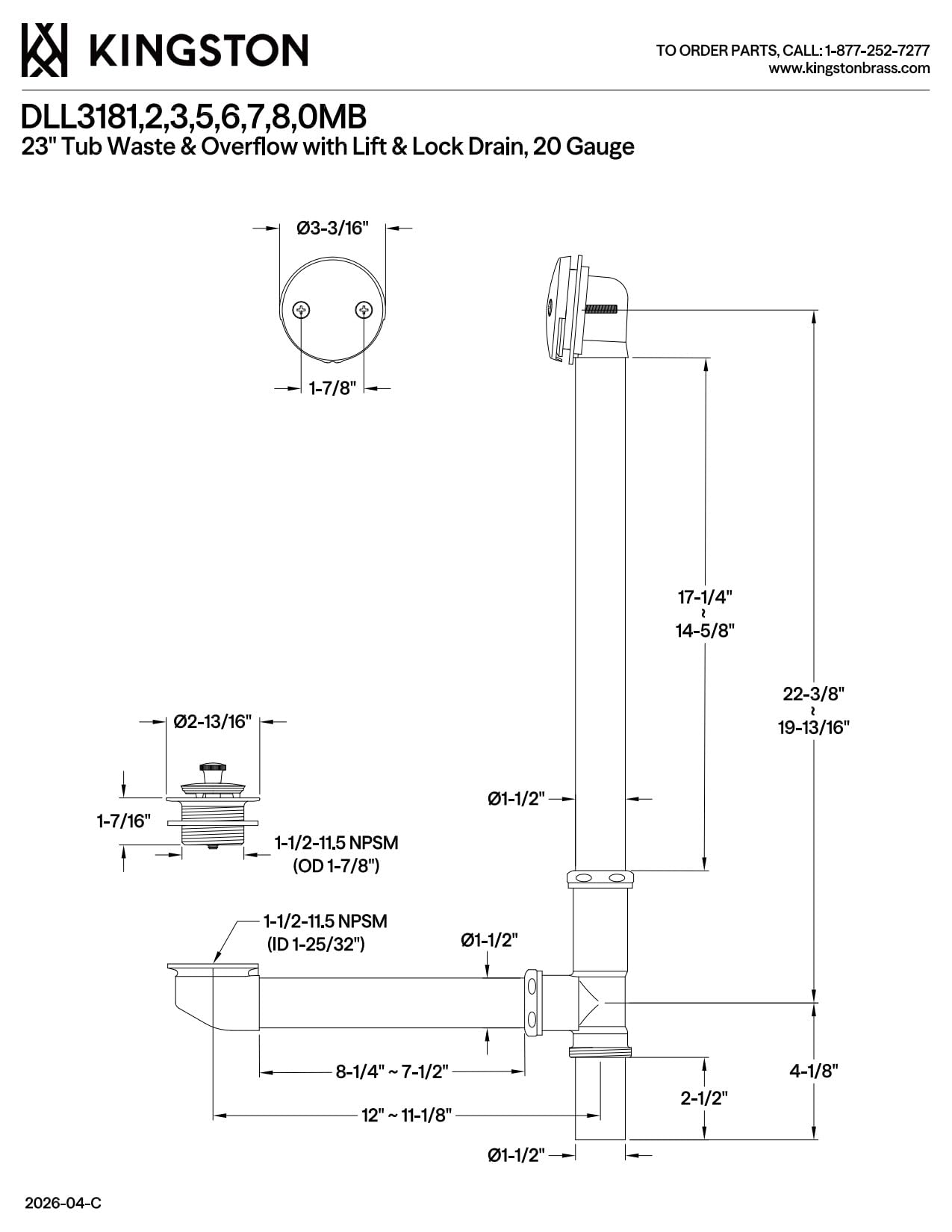 Kingston Brass DLL3180MB 23" Lift and Turn Tub Waste and Overflow, 20 Gauge, Matte Black